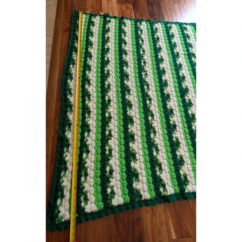 Handmade Green & White Striped Crochet Afghan Blanket 4.5'x7'